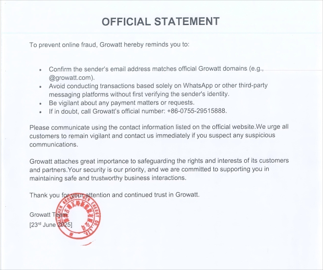 Official statement from Growatt outlining fraud prevention tips, urging email verification and vigilance in transactions.